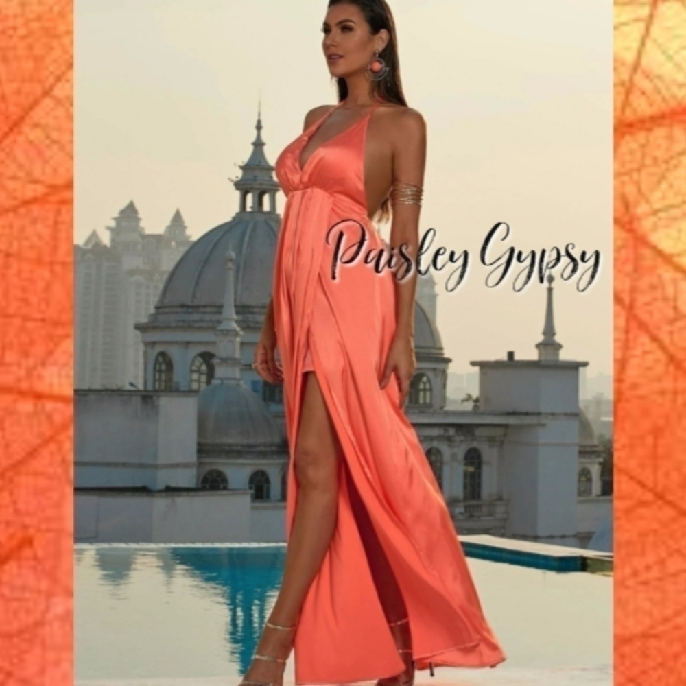 High Fashion Glamorous Spaghetti Strap A Line Formal Gown in Coral Orange - Picture 6 of 9